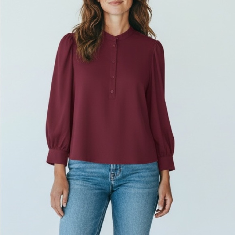 NWOT Banana Republic |‎ 2022 Three Quarters Length Puff Sleeve Henley Burgundy